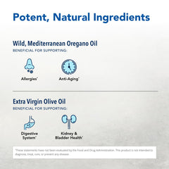 Oreganol P73 ingredients label highlights wild oregano oil and olive oil