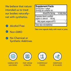 NORTH AMERICAN HERB & SPICE Oreganol P73 ingredients list with oregano and olive oil.