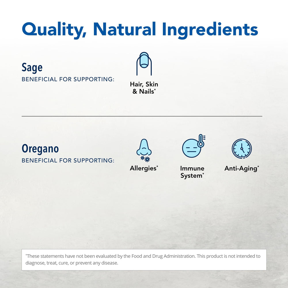 Ingredients panel featuring wild oregano and mountain spices