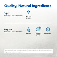 Ingredients panel featuring wild oregano and mountain spices