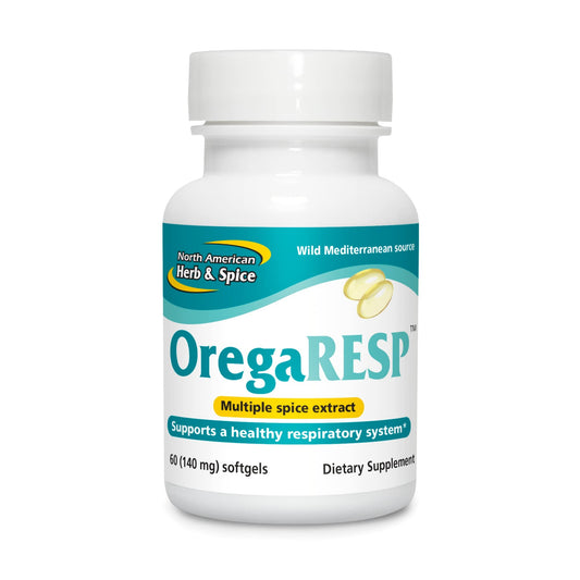 North American Herb and Spice OregaResp P73 bottle on white background for immune support.