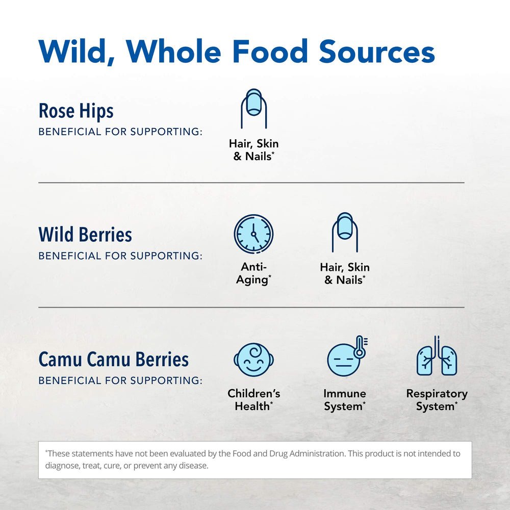 Purely-C featuring camu camu berries as natural vitamin C source.