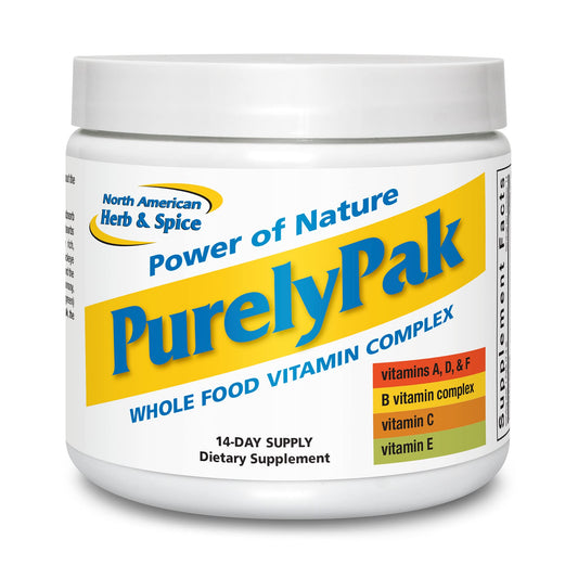 Purely Pak bottle front by North American Herb & Spice showcases whole food vitamins.