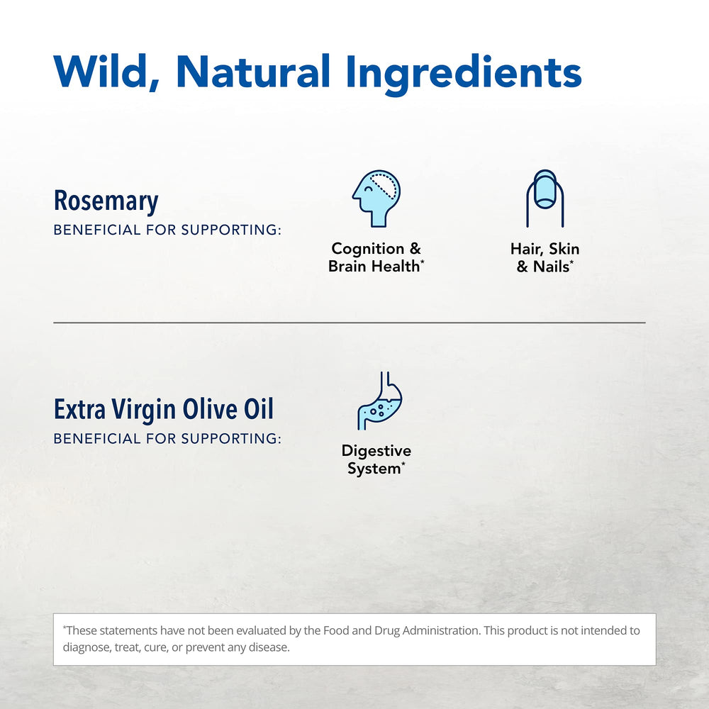 North American Herb & Spice ingredients panel shows rosemary oil with olive oil carrier for harmony.