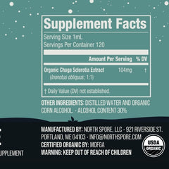 North Spore Chaga tincture close-up reveals rich color and premium extraction.