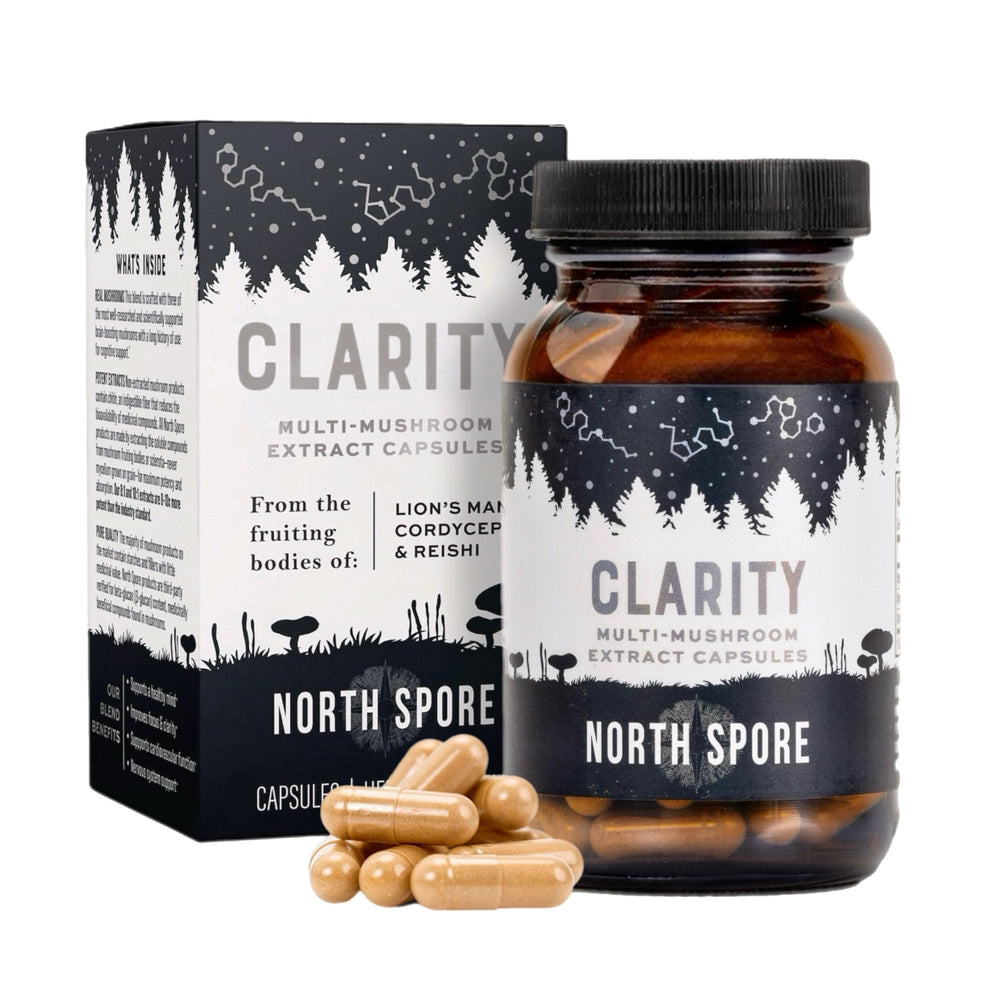 North Spore Clarity capsules bottle for daily focus support.