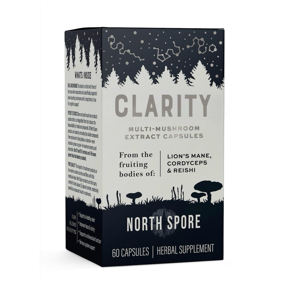North Spore Clarity capsules closeup illustrating potent mushroom capsules for cognitive support.