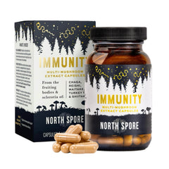 North Spore Immunity bottle label showcases complete 5-mushroom blend for wellness support.