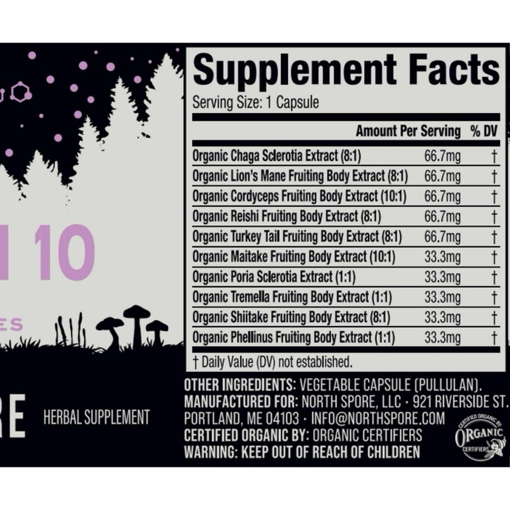North Spore Spectrum 10 label shows vegan and organic certification for mindful wellness.