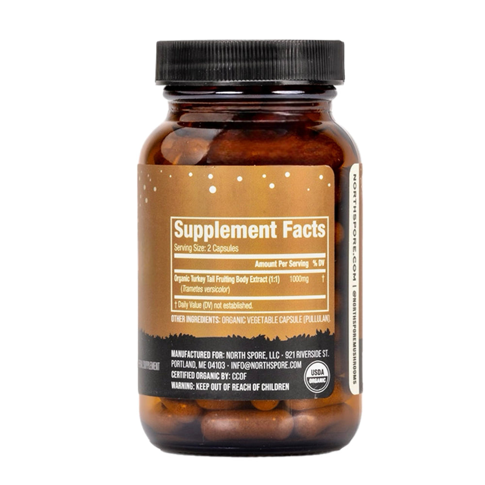 North Spore vegan gluten-free non-GMO symbols on bottle clean ingredient promise