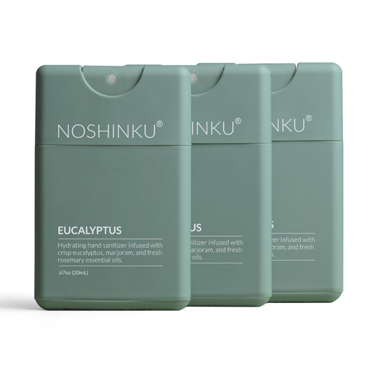 Noshinku eucalyptus refillable hand sanitizer spray in a travel-size pack for on-the-go cleansing.
