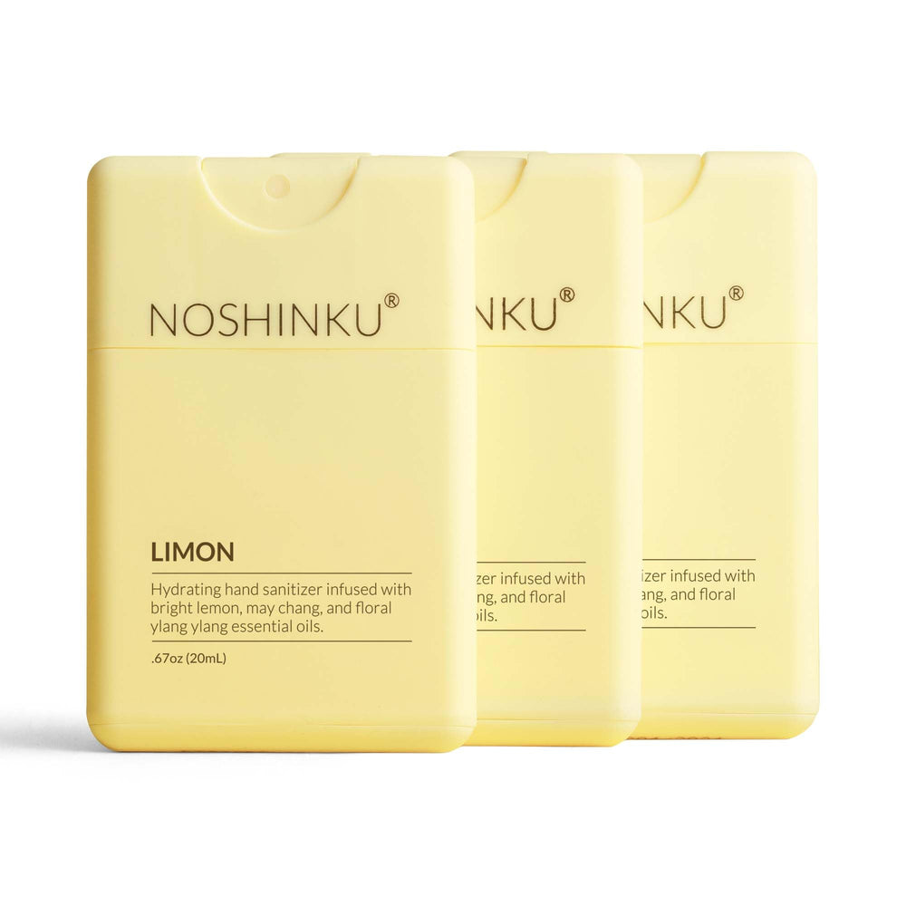 Noshinku lemon-scent refillable sanitizer bottle provides refreshing aroma and skin hydration.