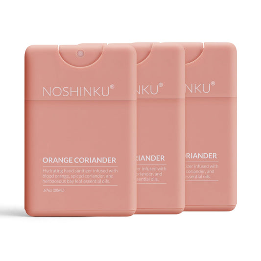 Noshinku Orange Coriander pocket sprayer front, compact travel sanitizer with moisturizing oils.
