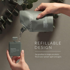 Noshinku eucalyptus refillable pocket sprayer delivers crisp aroma and moisturizing protection for hands.