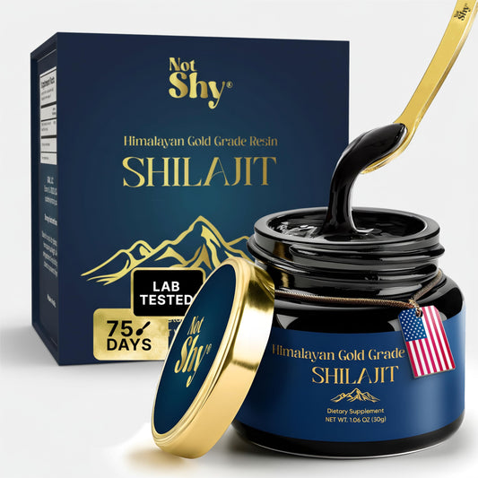 NOTSHY Gold Grade Himalayan Shilajit resin jar for daily wellness rituals.
