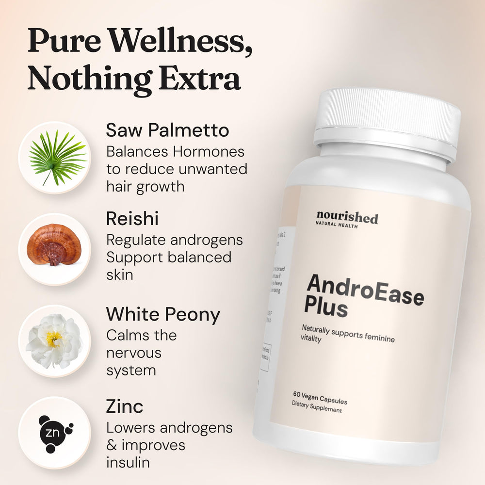 Nourished AndroEase Plus bottle-on-desk captures premium USA-made quality.