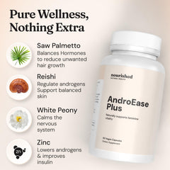 Nourished AndroEase Plus bottle-on-desk captures premium USA-made quality.