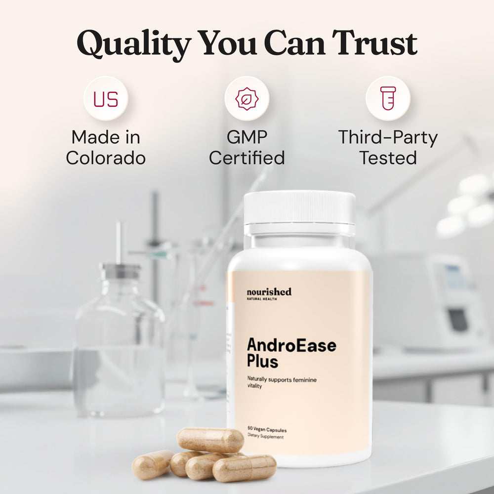 Nourished AndroEase Plus Made in USA seal visible on bottle
