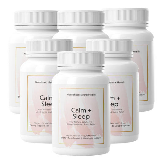 Nourished Natural Health Calm + Sleep bottle showing melatonin-free sleep support for peaceful nights.