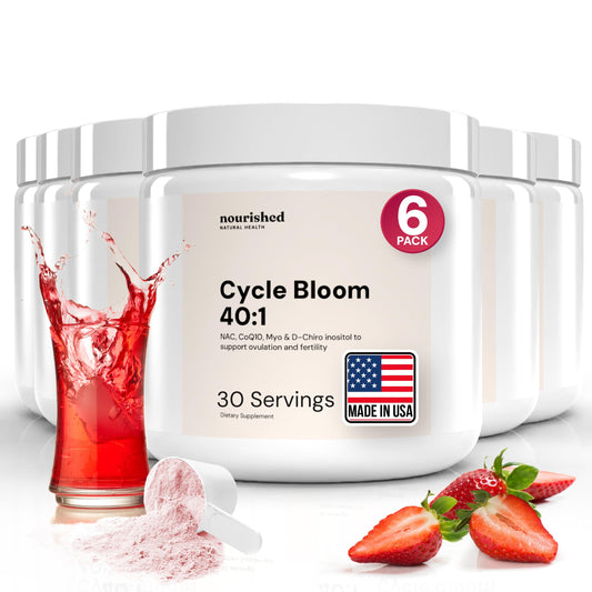 Nourished Natural Health CycleBloom bottle on the counter for daily balance.