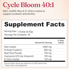 180 servings label on CycleBloom container emphasizing a month of nourishment.