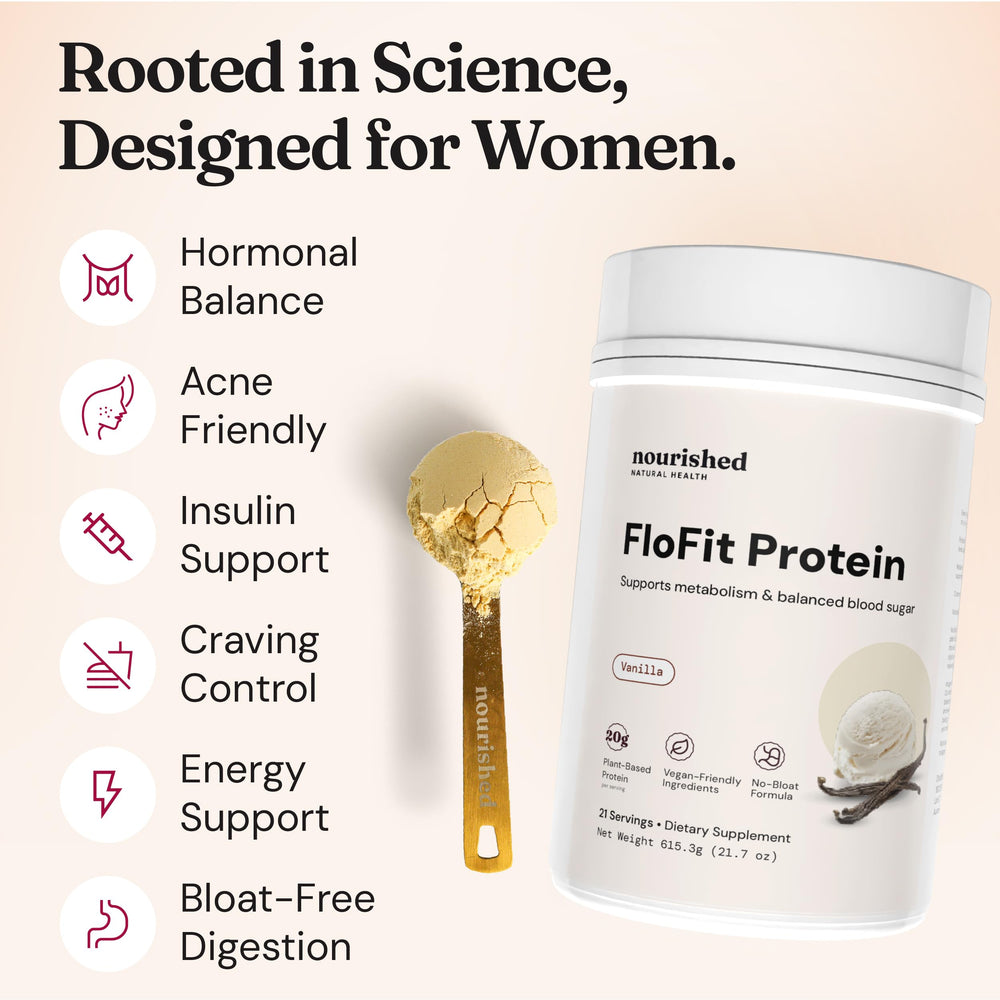 Nourished Natural Health FloFit bag with measuring scoop on kitchen counter for convenient daily use.