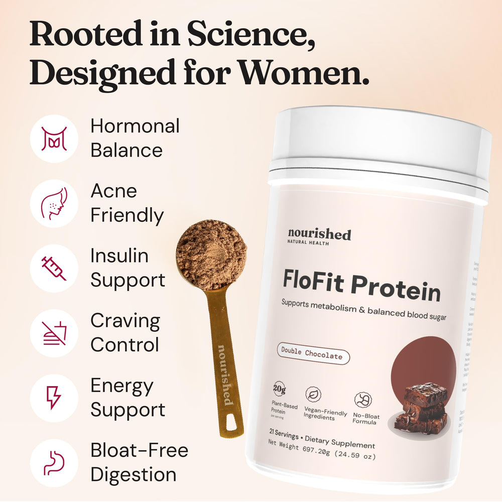 Pouring FloFit powder into a glass, ready for a dairy-free protein shake