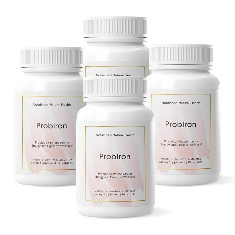 Nourished Natural Health ProbIron bottle label showing vegan iron support for energy and digestion