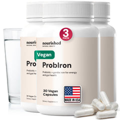 Nourished Natural Health ProbIron bottle cap close-up highlights vegan iron support for energy