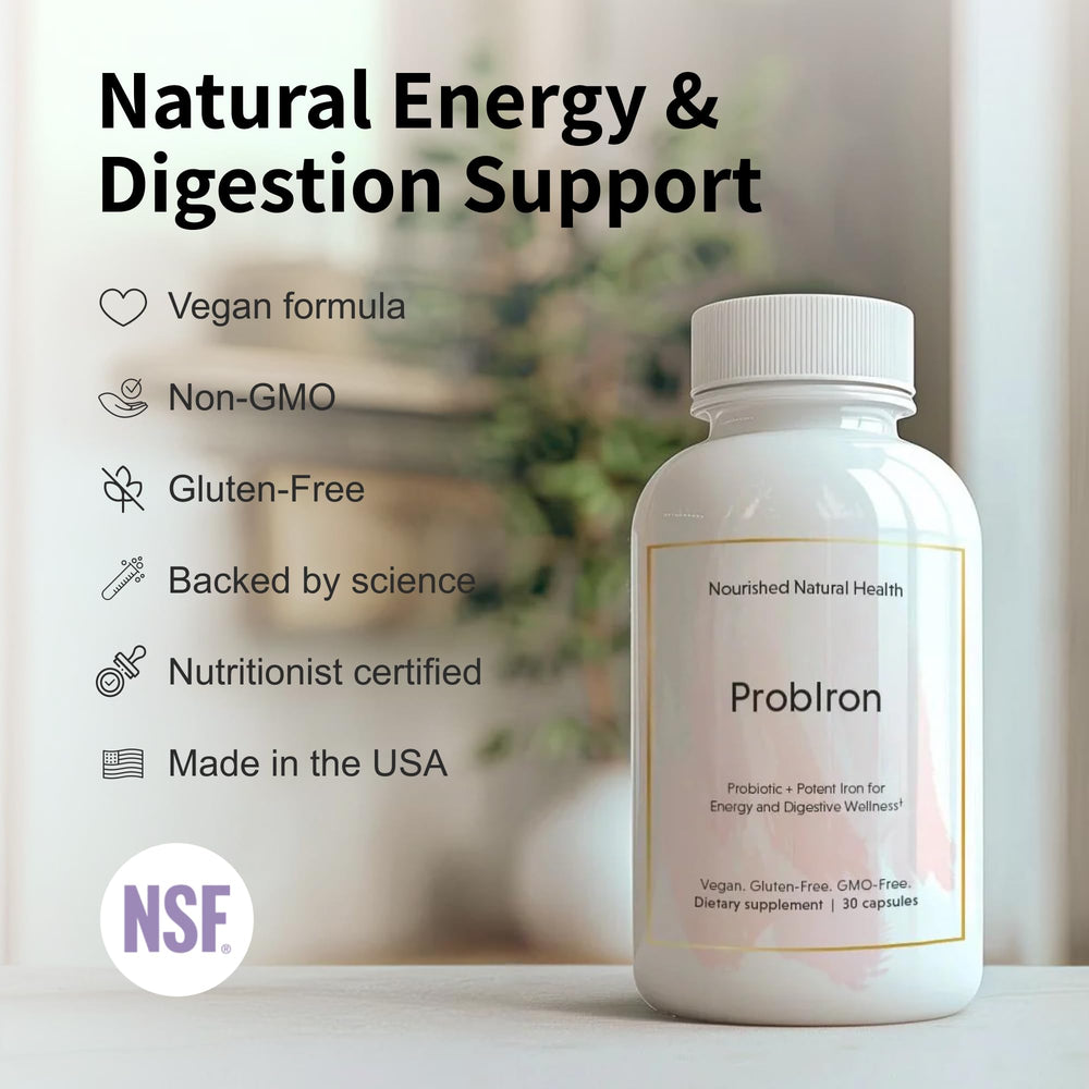 Nourished Natural Health ProbIron packaging displays plant-based formula for digestive wellness