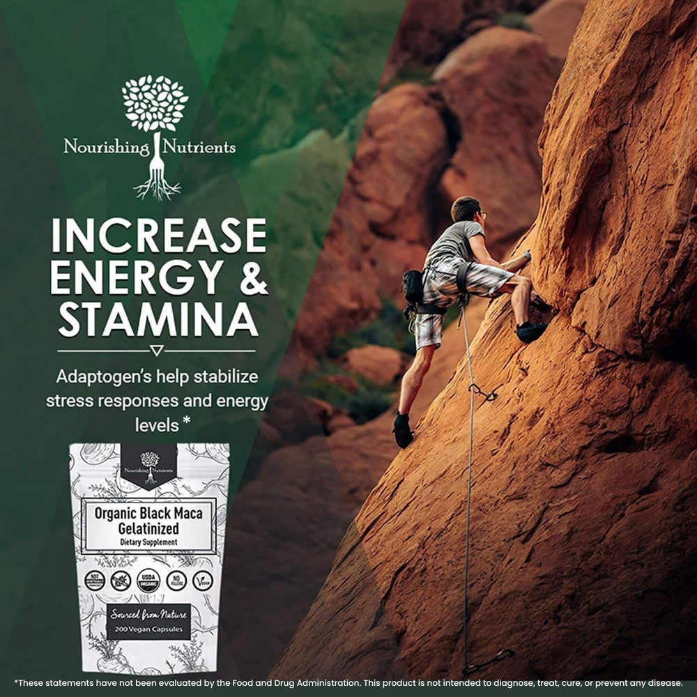 Nourishing Nutrients organic black maca gelatinized capsules label shows purity.