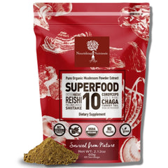 Nourishing Nutrients organic mushroom powder extract packaging, signaling quality