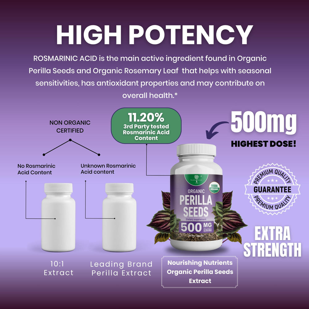 Nourishing Nutrients Organic Perilla Seed Extract box shows USDA Organic certification.