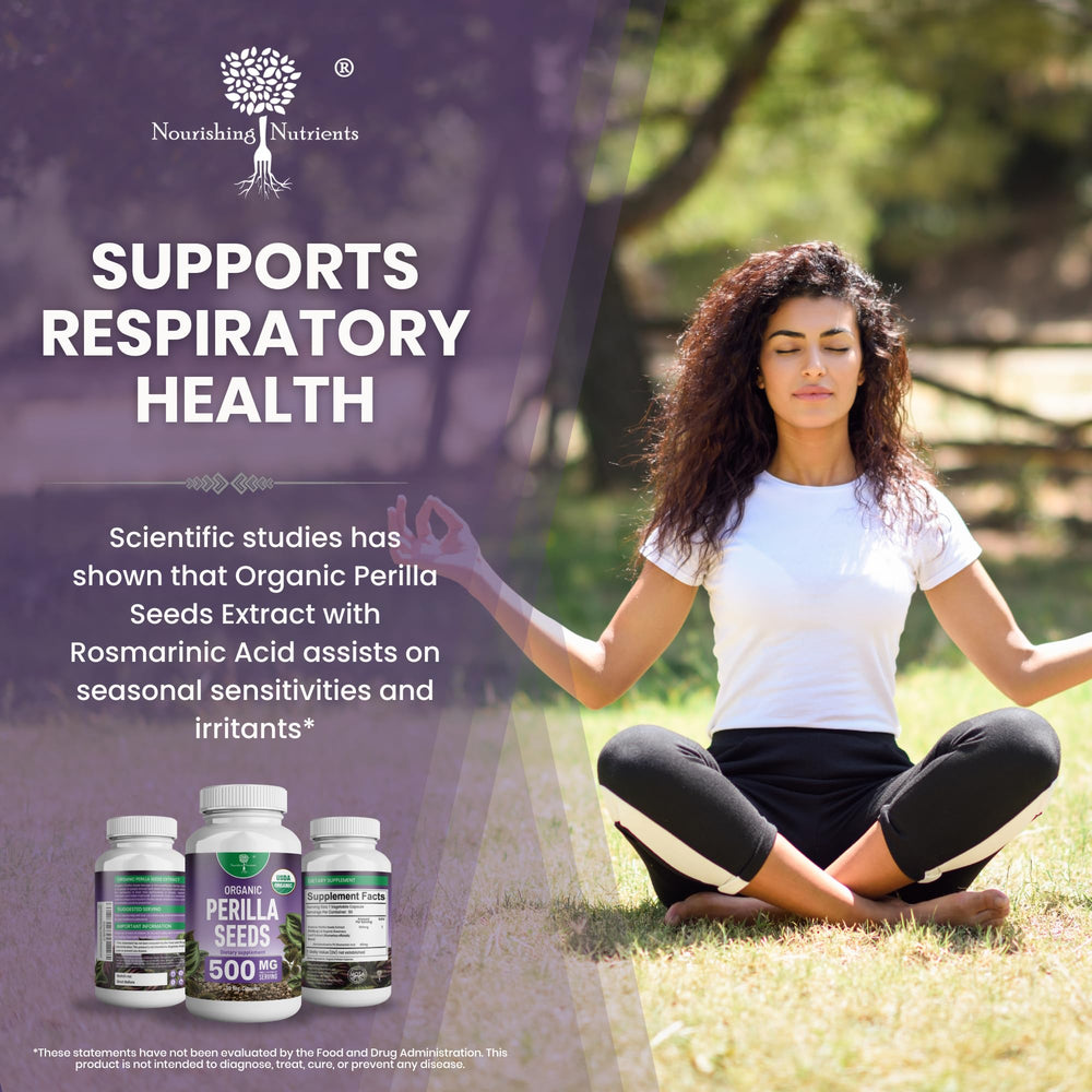 Nourishing Nutrients Perilla seed extract capsules beside green label for purity.