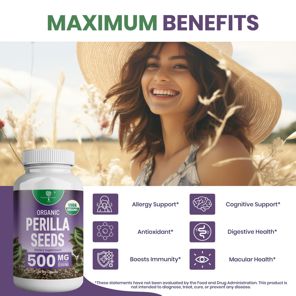 Nourishing Nutrients Perilla seed extract capsules, vegan-friendly packaging.