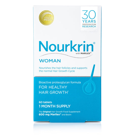 Nourkrin Woman Marilex bottle showing capsules that support the hair growth cycle.