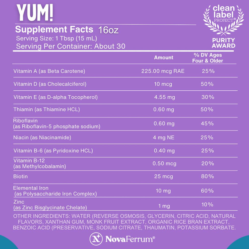 NovaFerrum Yum label closeup; natural fruit flavors and caffeine-free formula