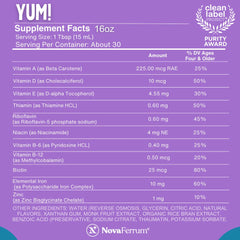 NovaFerrum Yum label closeup; natural fruit flavors and caffeine-free formula