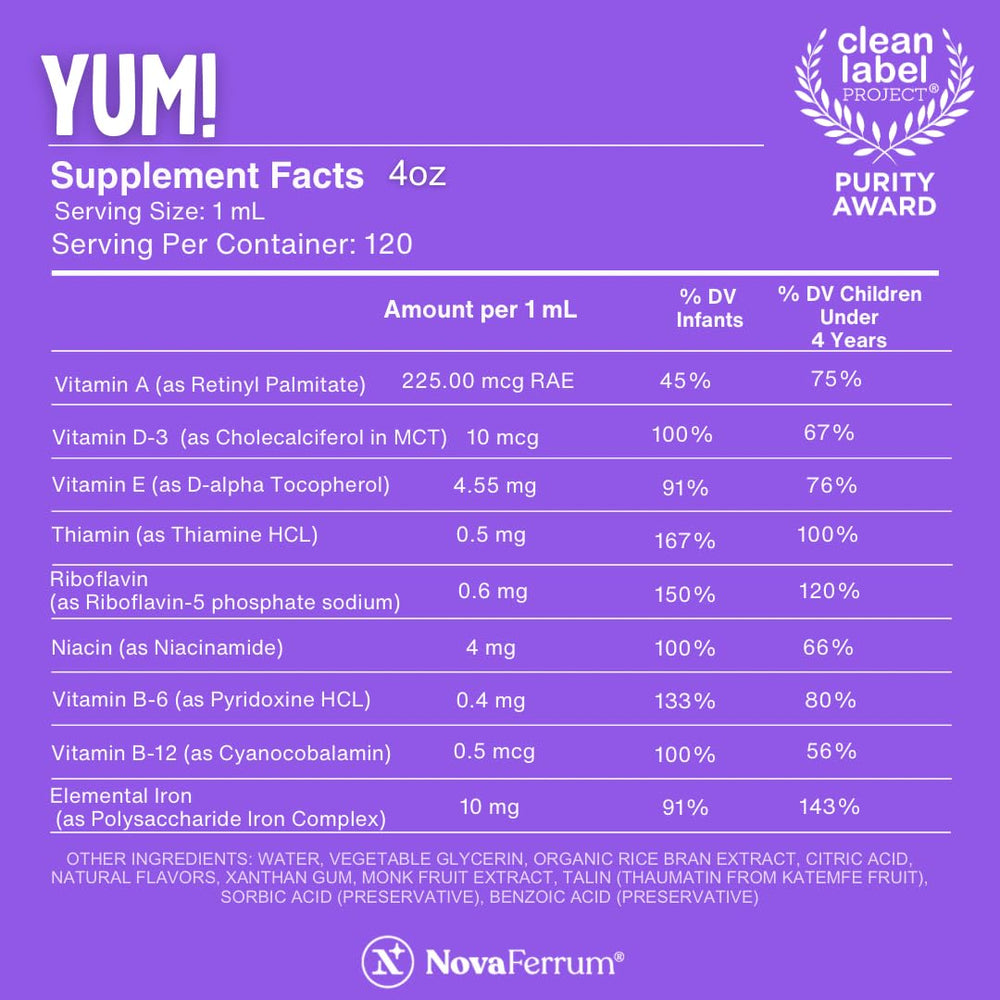 NovaFerrum Yum label highlights gluten-free and sugar-free formula for kids.