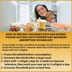 Close-up of NovaGold Omega 3 softgels showing smooth texture for easy swallowing