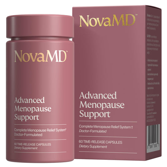 NOVAMD menopause supplement bottle with capsules suggesting hot flash relief and energy support