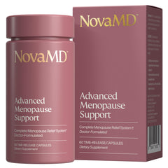 NOVAMD menopause supplement bottle with capsules suggesting hot flash relief and energy support