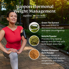 Lifestyle shot of a woman with NOVAMD bottle indicating a daily routine during menopause.