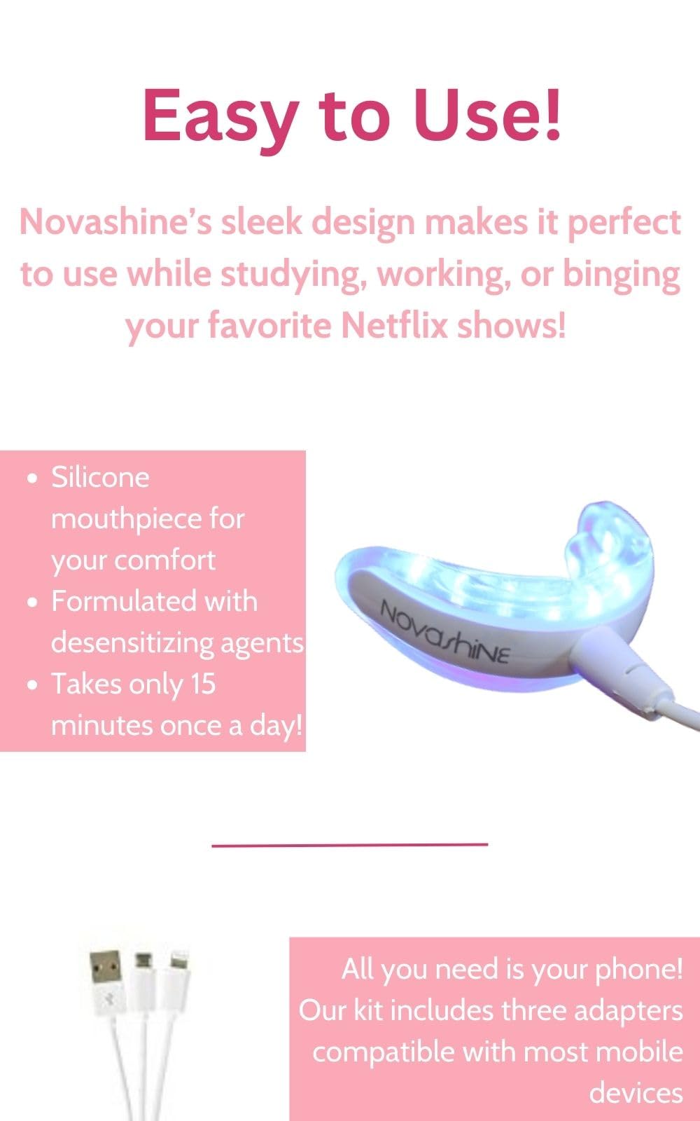 Novashine easy 15-minute daily use illustrates quick whitening sessions