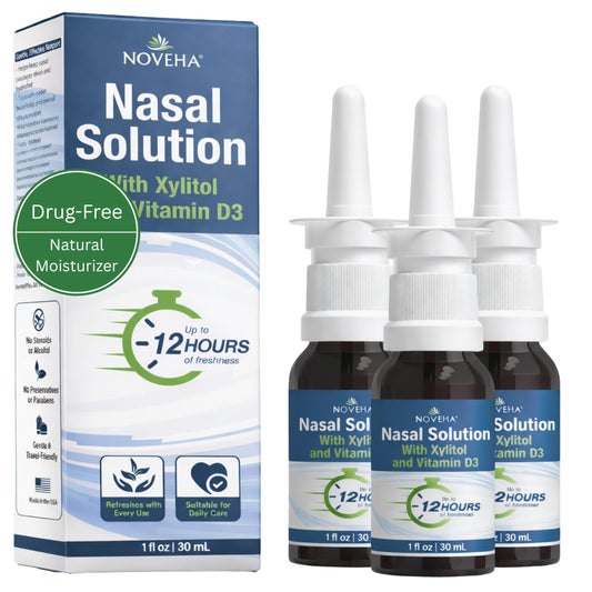 NOVEHA Xylitol Nasal Spray bottle shows daily moisturizing action for dry nose.
