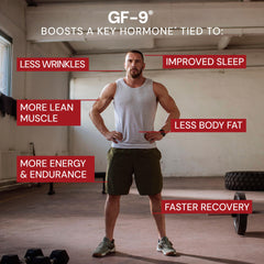 Novex Biotech GF-9 bottle label close-up highlighting premium HGH-support formula.