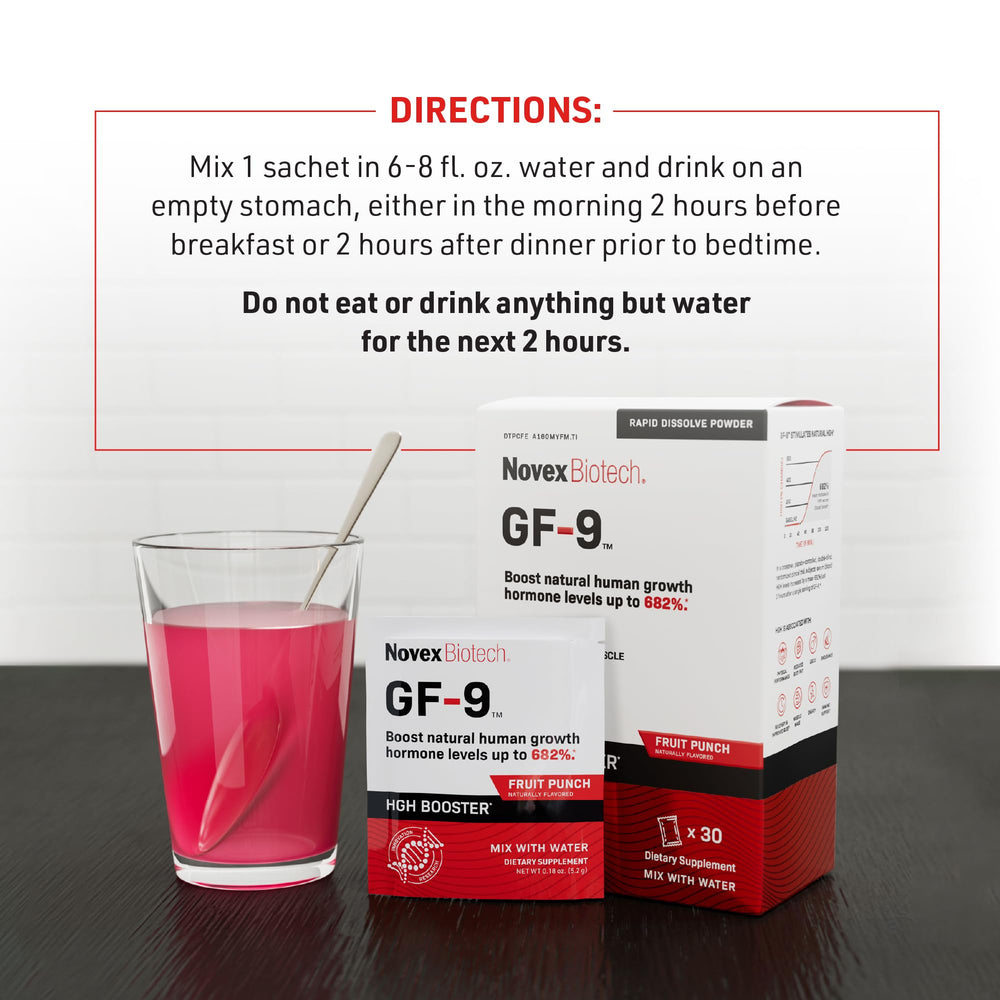 Novex Biotech GF-9 label featuring patents and GMP badge