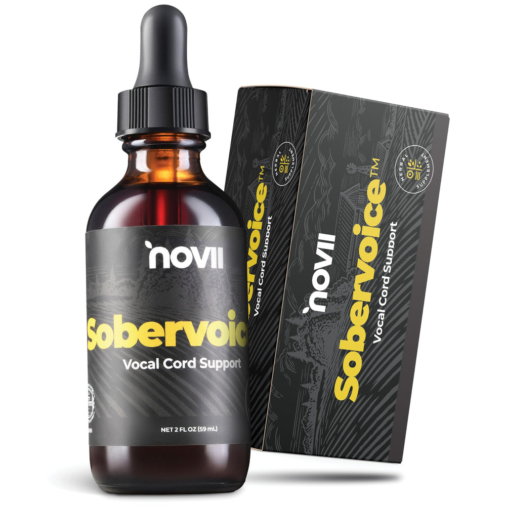 NOVII Sobervoice bottle close-up highlighting herbal vocal care formula.
