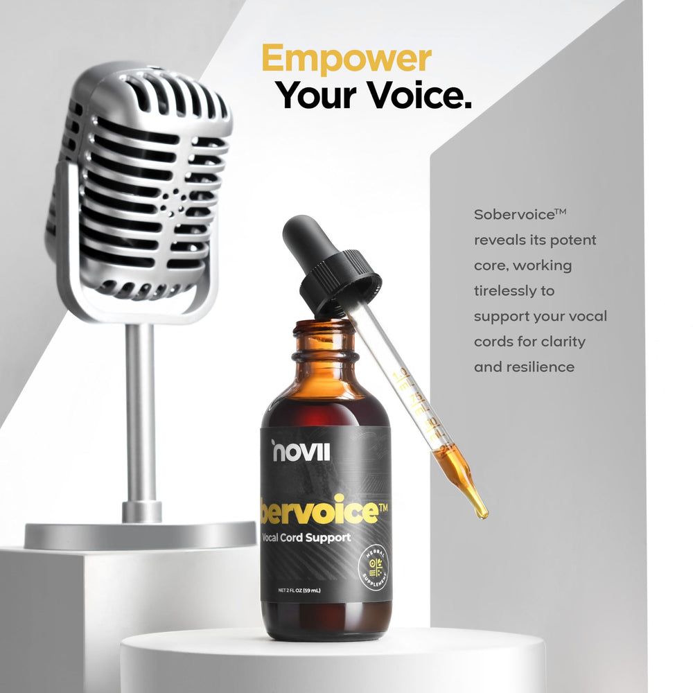 NOVII Sobervoice label detail showcases natural ingredients and kosher seal.