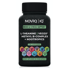 NOVIQ 11-in-1 mood-stress bottle showing packaging for daily calm and focus